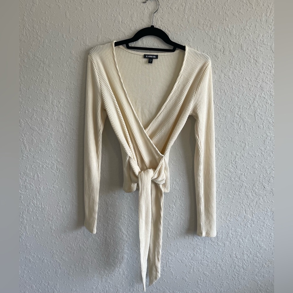 Express Cream Ribbed Wrap Top - Picture 2 of 9